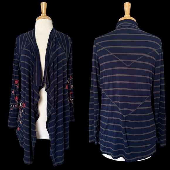 Caite Blue Striped Floral Embroidered Waterfall Cardigan Size S Drapey Boho - Picture 1 of 4